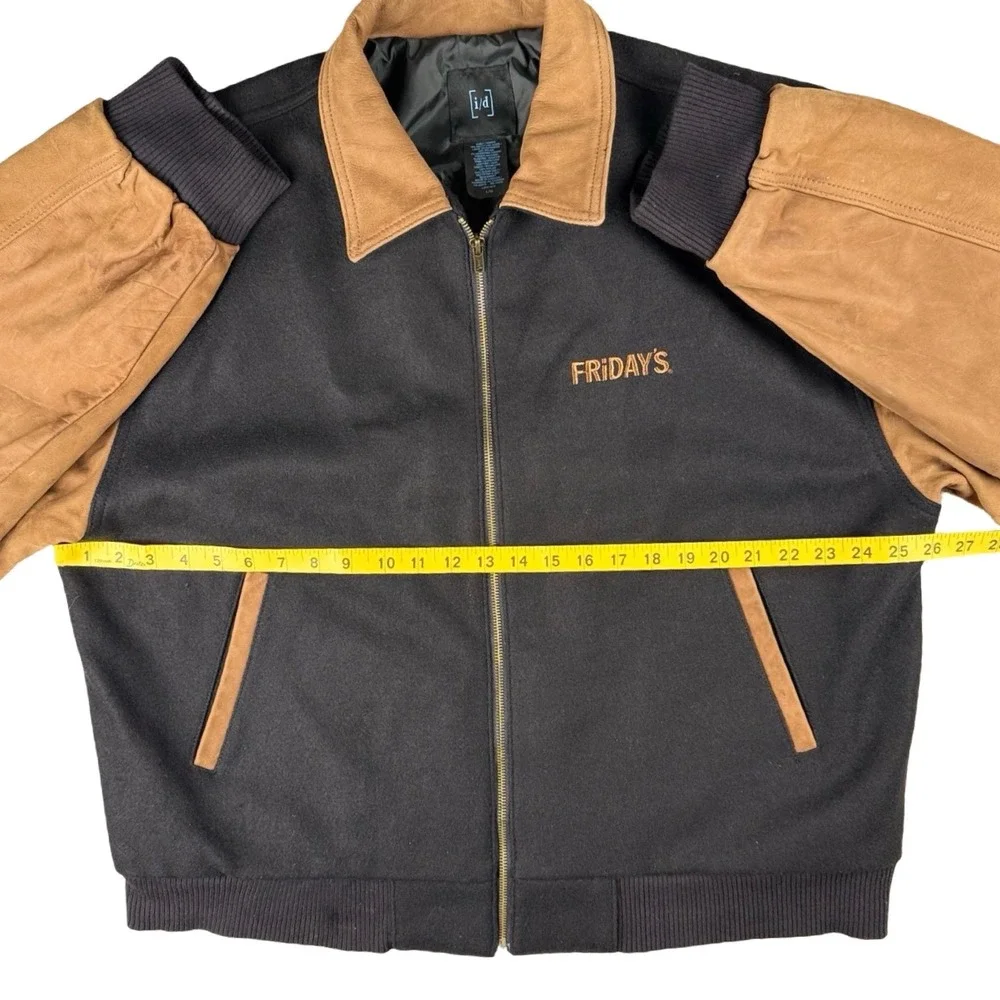 TGI Fridays Leather Wool Varsity Jacket 40th Anniversary Black Tan‎ Large